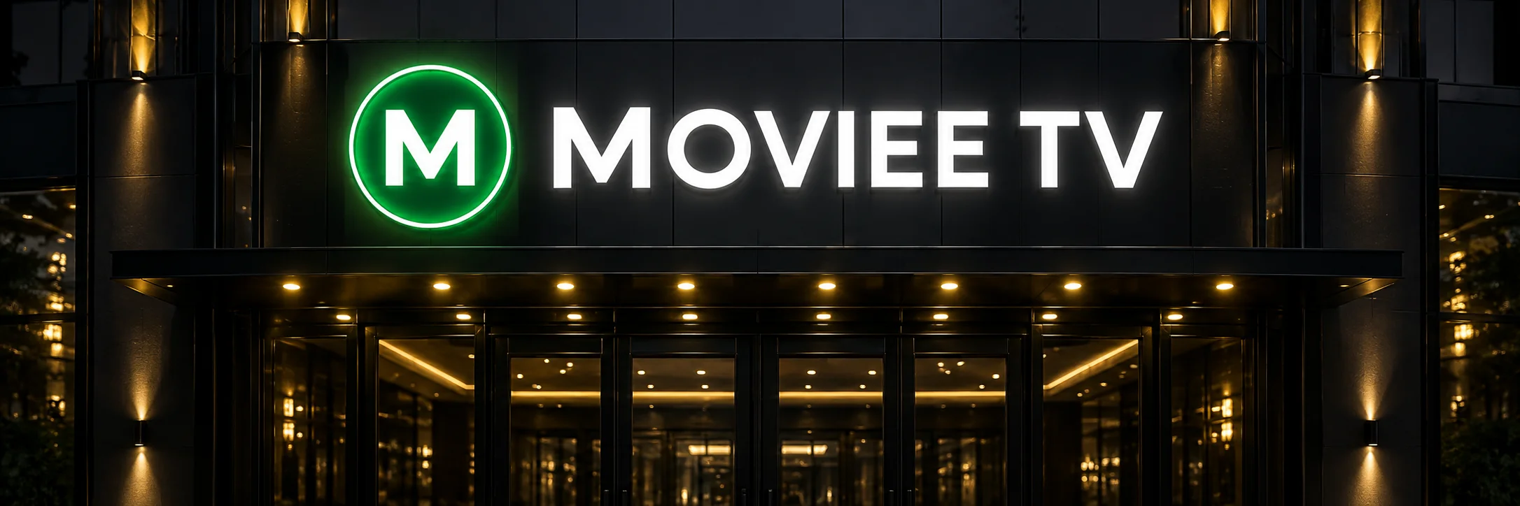 MOVIEE TV illuminated in white beside a green M cinema sign
